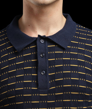 Men’s Navy Textured Knit Polo T-Shirt with Mustard Stripes