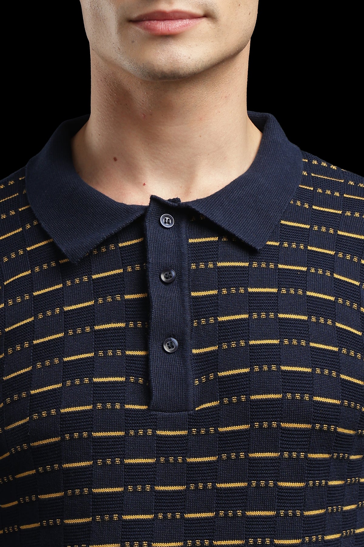 Men’s Navy Textured Knit Polo T-Shirt with Mustard Stripes