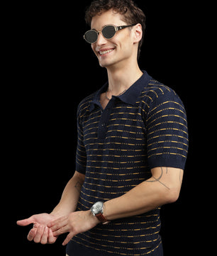 Men’s Navy Textured Knit Polo T-Shirt with Mustard Stripes