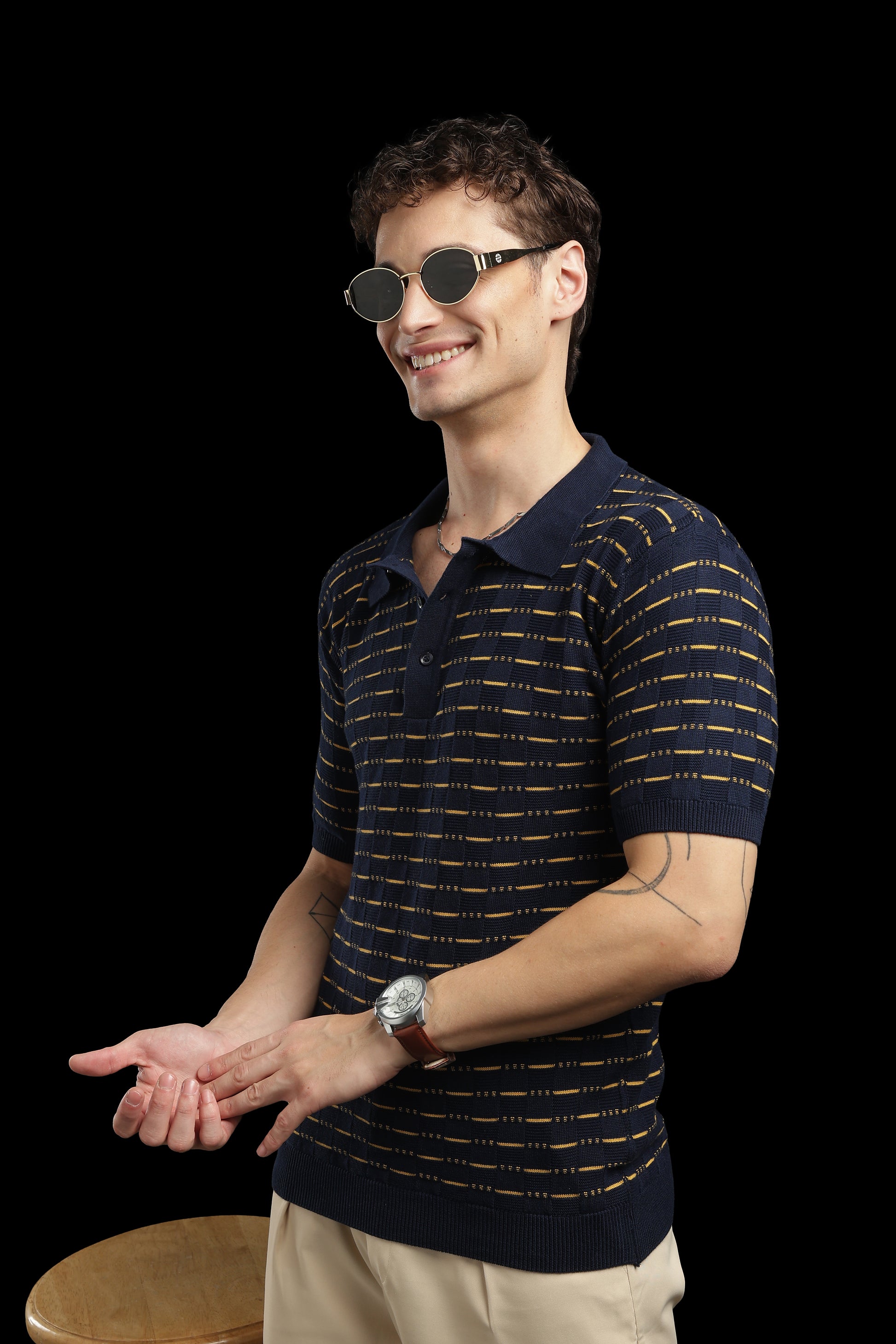 Men’s Navy Textured Knit Polo T-Shirt with Mustard Stripes