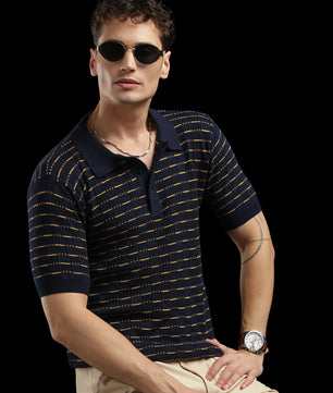 Men’s Navy Textured Knit Polo T-Shirt with Mustard Stripes
