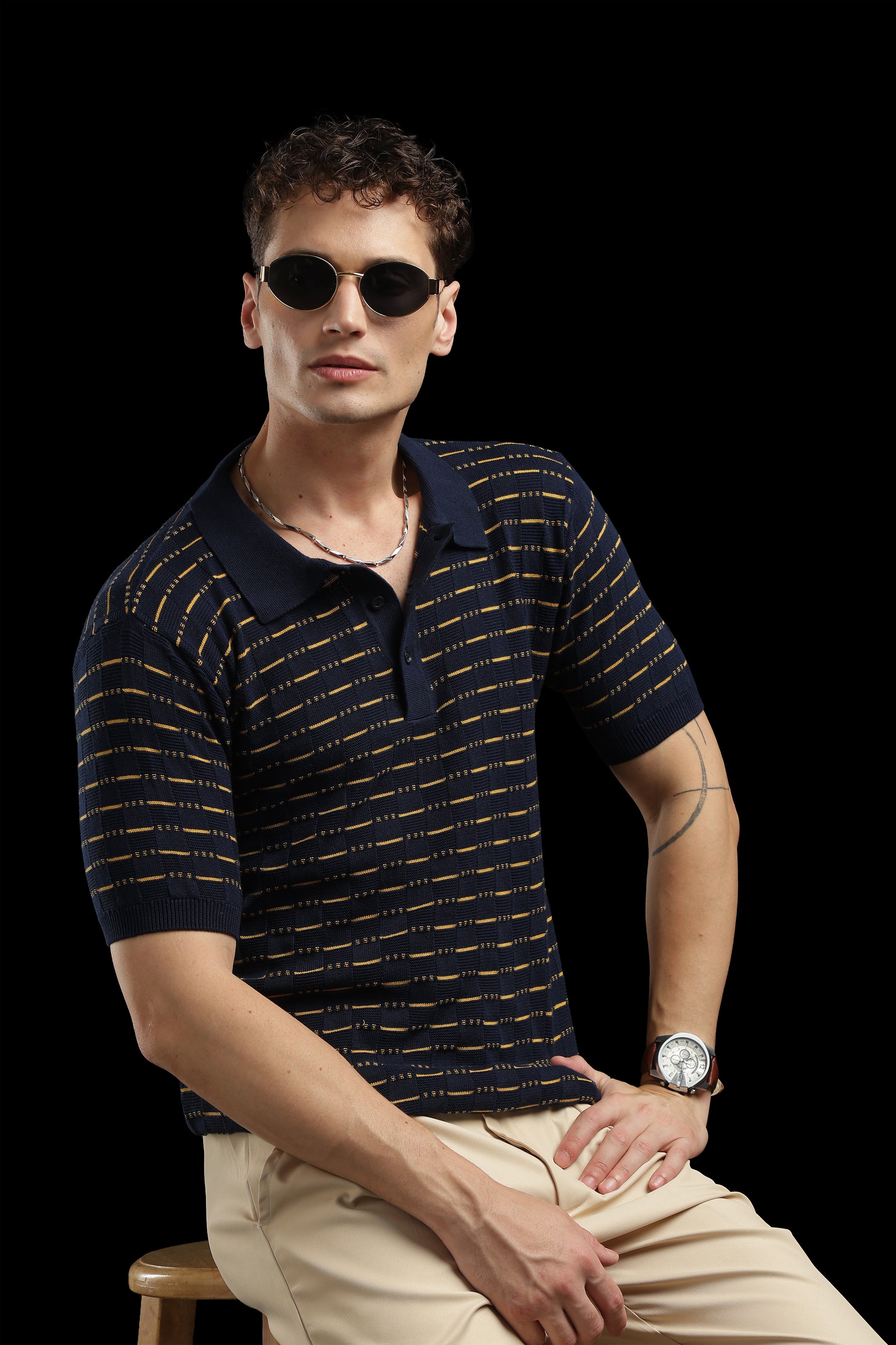 Men’s Navy Textured Knit Polo T-Shirt with Mustard Stripes