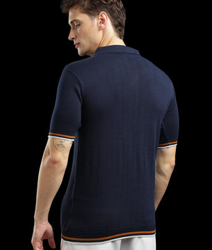 Men’s Navy Textured Knit Zip Polo T-Shirt with Contrast Stripes