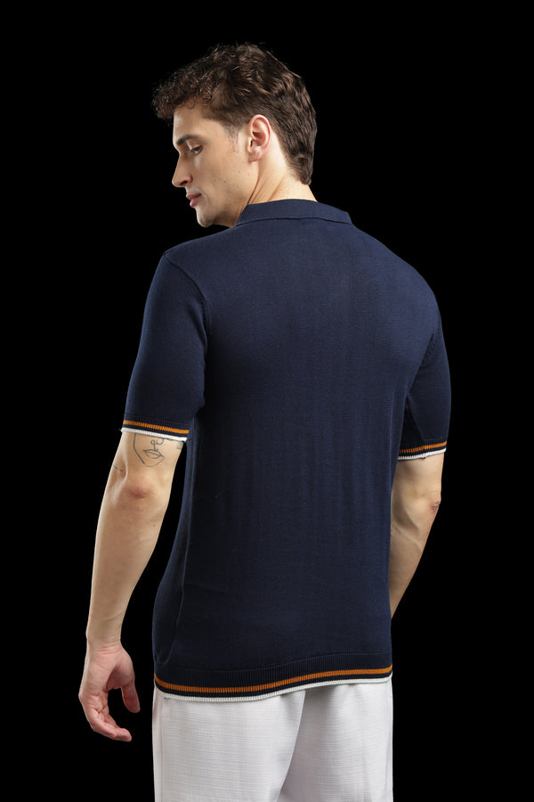 Men’s Navy Textured Knit Zip Polo T-Shirt with Contrast Stripes