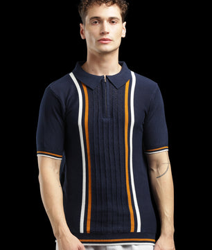 Men’s Navy Textured Knit Zip Polo T-Shirt with Contrast Stripes