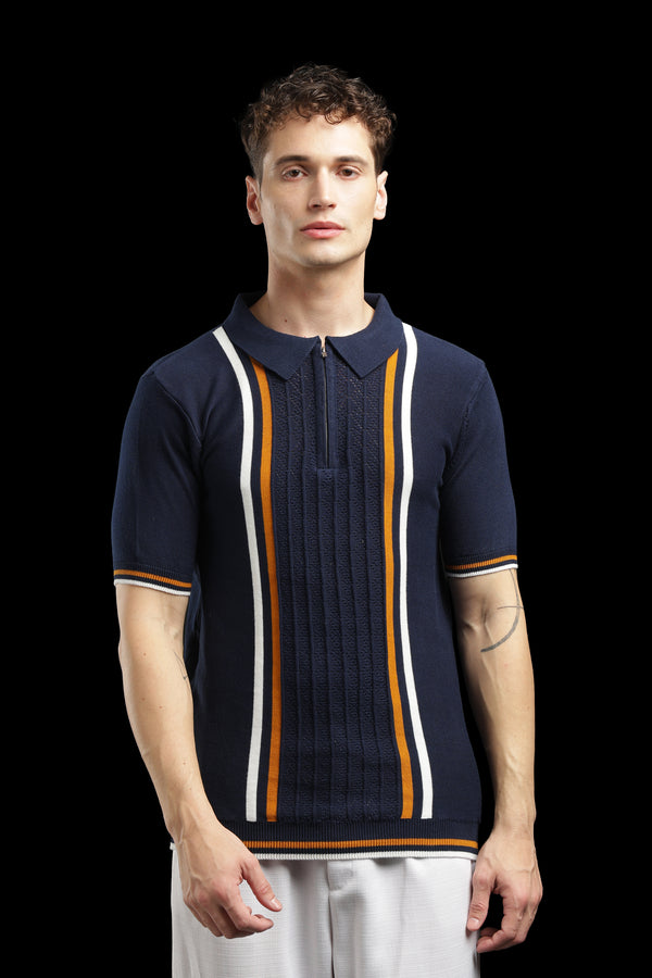 Men’s Navy Textured Knit Zip Polo T-Shirt with Contrast Stripes