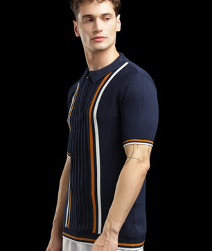 Men’s Navy Textured Knit Zip Polo T-Shirt with Contrast Stripes