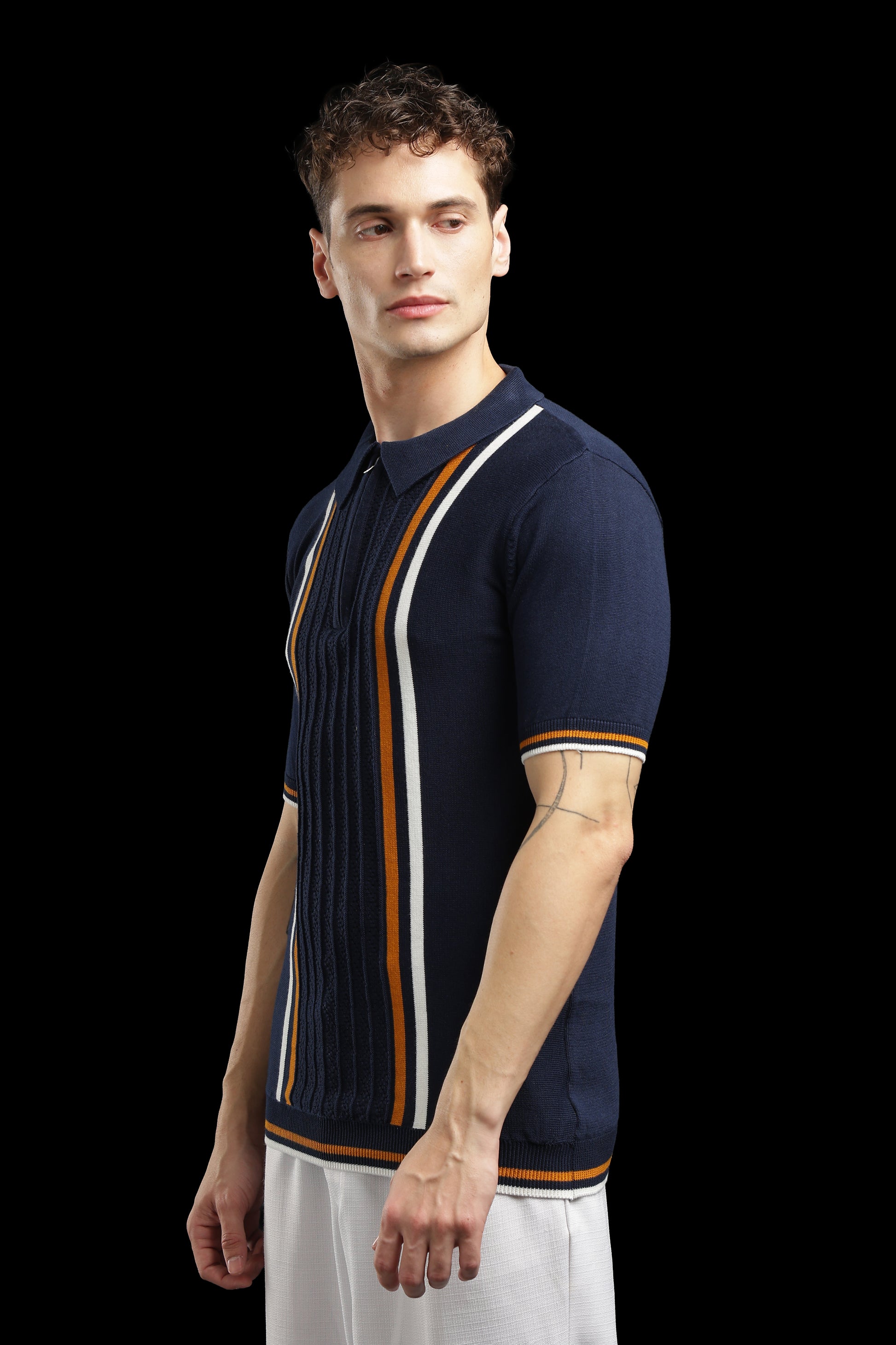 Men’s Navy Textured Knit Zip Polo T-Shirt with Contrast Stripes