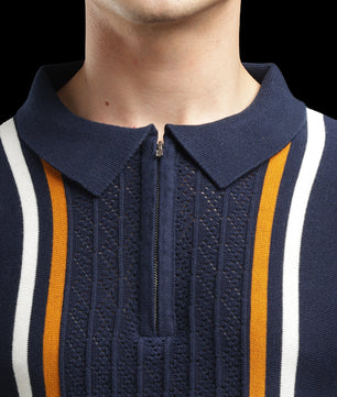 Men’s Navy Textured Knit Zip Polo T-Shirt with Contrast Stripes