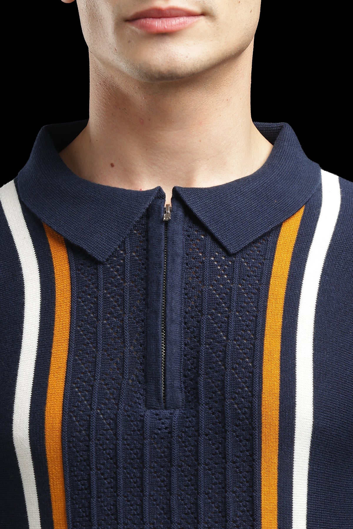 Men’s Navy Textured Knit Zip Polo T-Shirt with Contrast Stripes