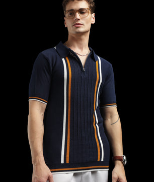 Men’s Navy Textured Knit Zip Polo T-Shirt with Contrast Stripes