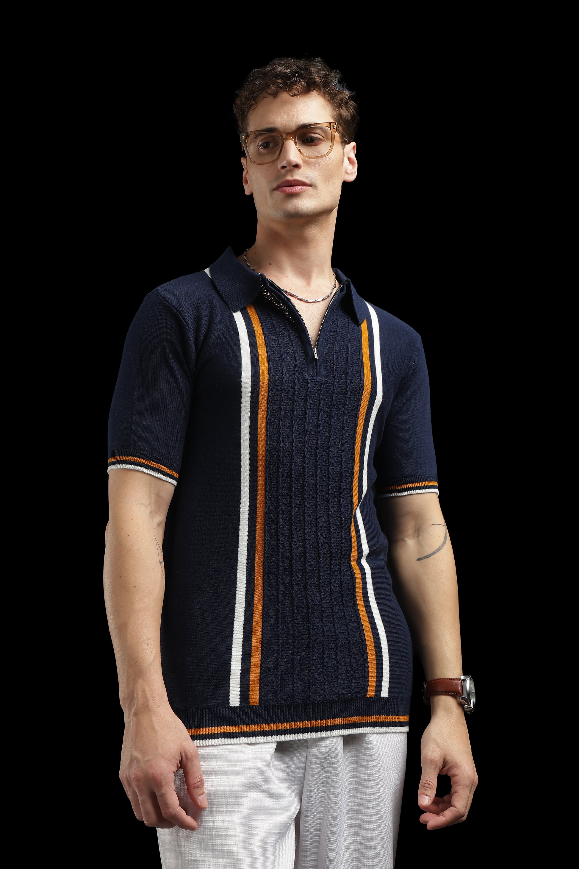 Men’s Navy Textured Knit Zip Polo T-Shirt with Contrast Stripes