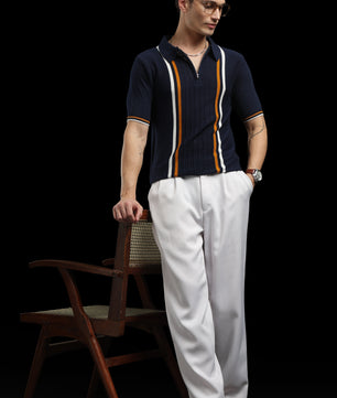 Men’s Navy Textured Knit Zip Polo T-Shirt with Contrast Stripes
