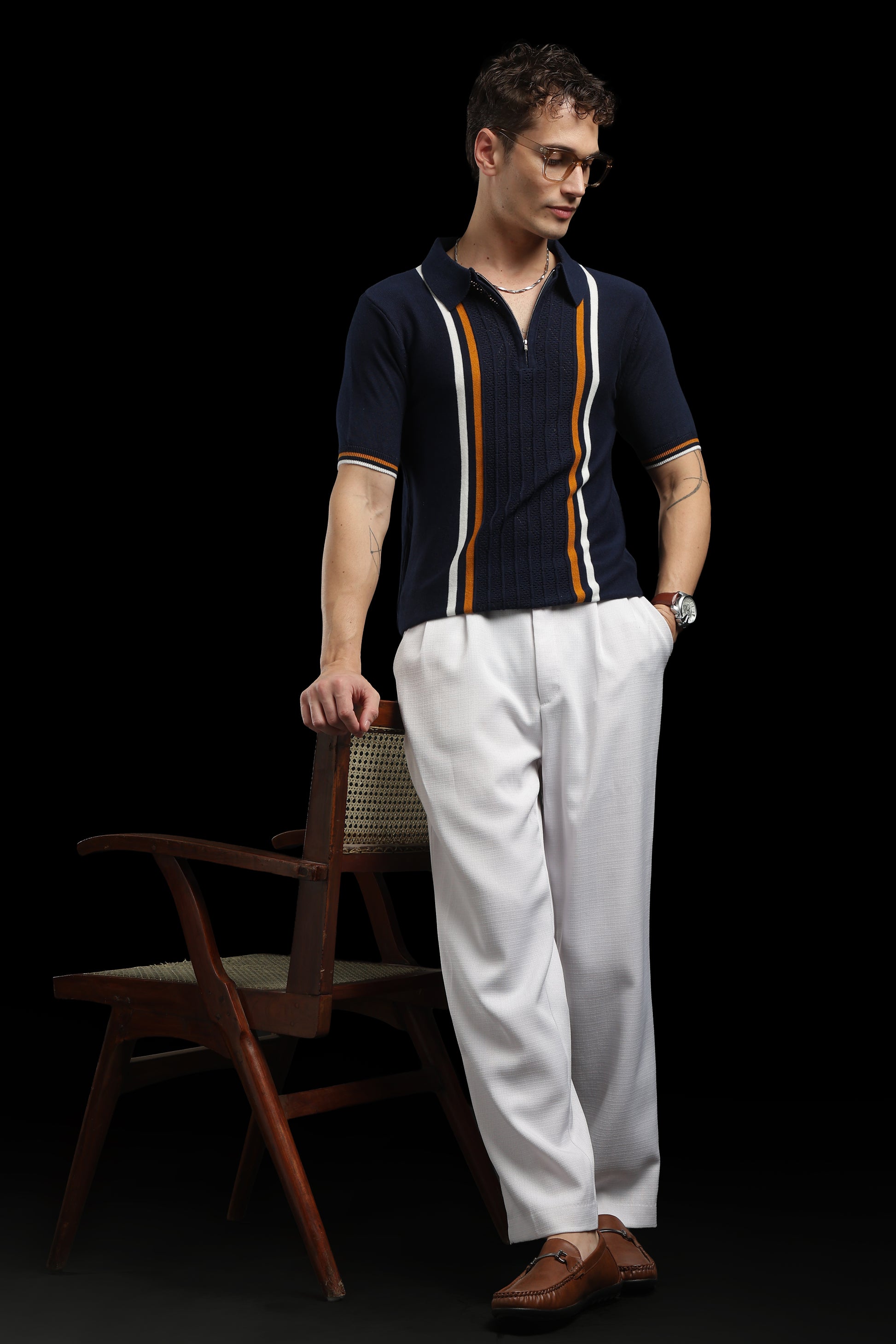 Men’s Navy Textured Knit Zip Polo T-Shirt with Contrast Stripes