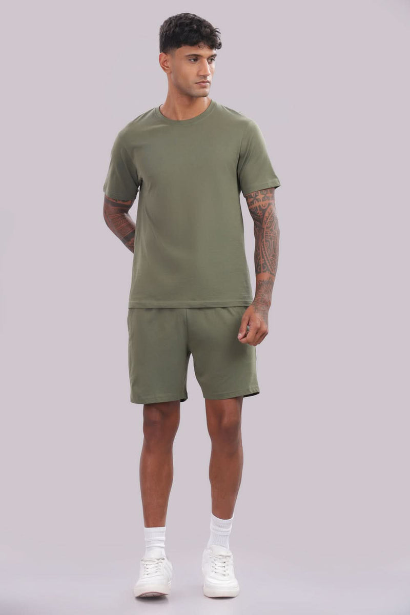 Men’s olive green co-ord set from Outlaws Fashion, casual comfort wear with matching top and pants, relaxed fit and stylish design.