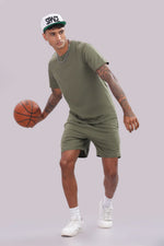 Men’s olive green co-ord set by Outlaws Fashion, comfortable casual wear, featuring a matching top and pants.