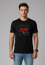 Men’s Outlaws Christmas printed T-shirt, 100% cotton, festive casual wear with holiday-themed graphics and bold Outlaws Fashion branding.