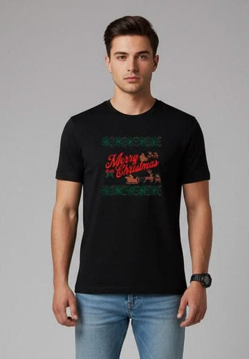 Men’s Outlaws Christmas printed T-shirt, 100% cotton, festive casual wear with holiday-themed graphics and bold Outlaws Fashion branding.