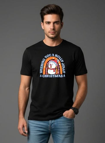 Men’s Outlaws Christmas printed T-shirt featuring holiday-themed designs, made from 100% cotton for casual festive wear.
