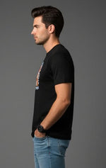 Men’s Outlaws Christmas printed T-shirt with festive holiday design, 100% cotton casual wear, featuring colorful holiday graphics.