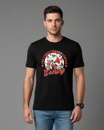 Men’s Outlaws Christmas printed T-shirt with festive holiday design, 100% cotton casual wear, featuring colorful holiday-themed graphics.
