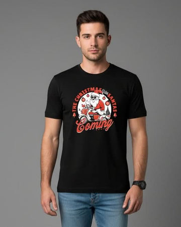 Men’s Outlaws Christmas printed T-shirt with festive holiday design, 100% cotton casual wear, featuring colorful holiday-themed graphics.