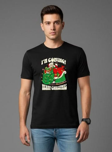 Men’s Outlaws Christmas printed T-shirt featuring festive holiday design in 100% cotton casual wear style.