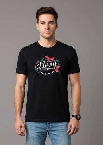 Men’s Outlaws Christmas printed T-shirt with festive holiday design, 100% cotton casual wear for men.