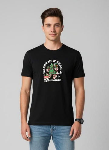 Men's Outlaws Christmas printed T-shirt featuring festive holiday design, 100% cotton casual wear for men.