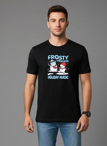 Men’s Outlaws Christmas printed T-shirt featuring festive holiday design, 100% cotton casual wear for men.