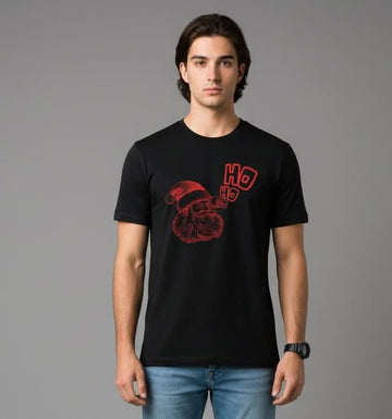 Men’s Outlaws Christmas printed T-shirt featuring festive holiday design, 100% cotton casual wear, with bold holiday-themed graphics.