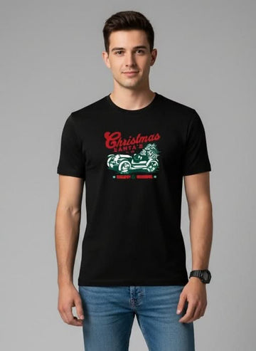Men’s Outlaws Christmas printed T-shirt, 100% cotton with festive holiday design, casual wear for men.