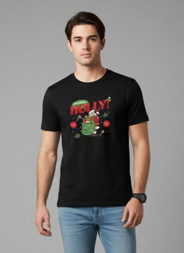 Men’s Outlaws Christmas printed T-shirt with festive holiday design, made of 100% cotton for casual holiday wear.