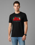 Men’s Outlaws Christmas printed T-shirt featuring festive holiday design, made from 100% cotton for casual holiday wear.