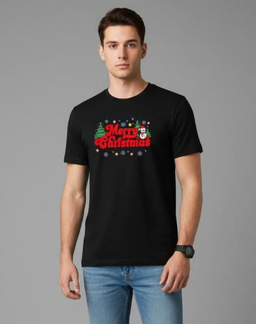 Men’s Outlaws Christmas printed T-shirt featuring festive holiday design, made from 100% cotton for casual holiday wear.