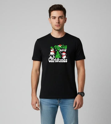 Men’s Outlaws Christmas printed T-shirt featuring festive holiday design, made from 100% cotton for casual winter wear.
