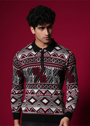 Men’s Premium 100% Cotton Flat Knit Sweater – Geometric Winterwear
