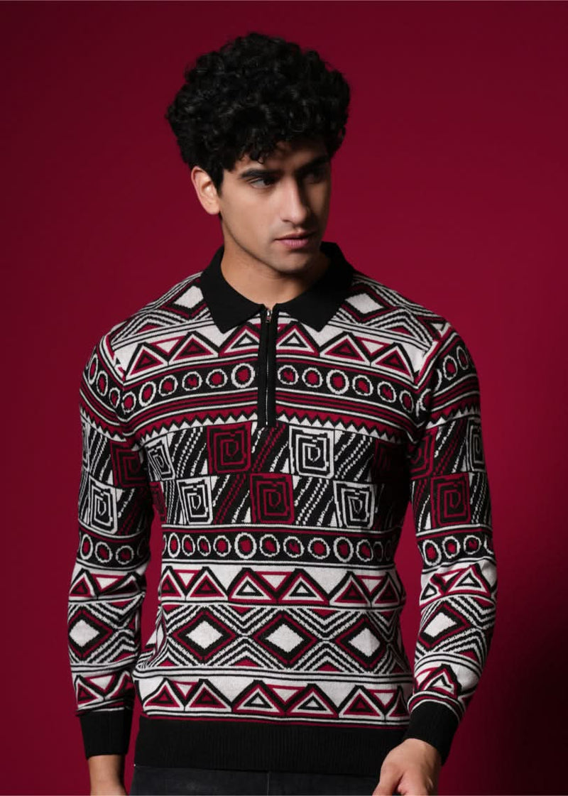 Men’s Premium 100% Cotton Flat Knit Sweater – Geometric Winterwear