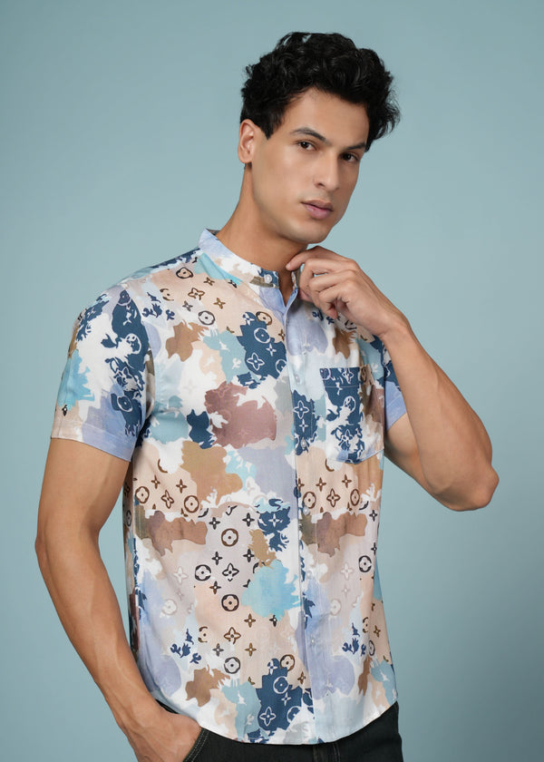 Men’s printed rayon shirt with mandarin collar from Outlaws Fashion, featuring soft fabric and stylish casual wear design.