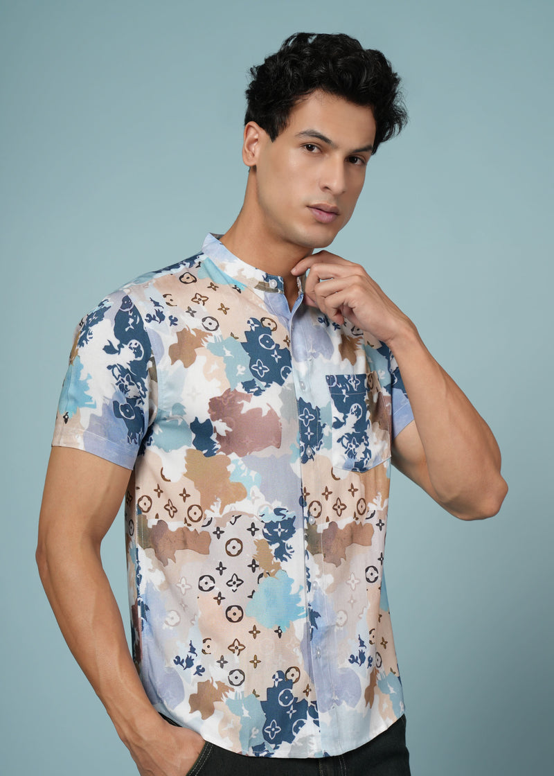 Men’s printed rayon shirt with mandarin collar from Outlaws Fashion, featuring soft fabric and stylish casual wear design.