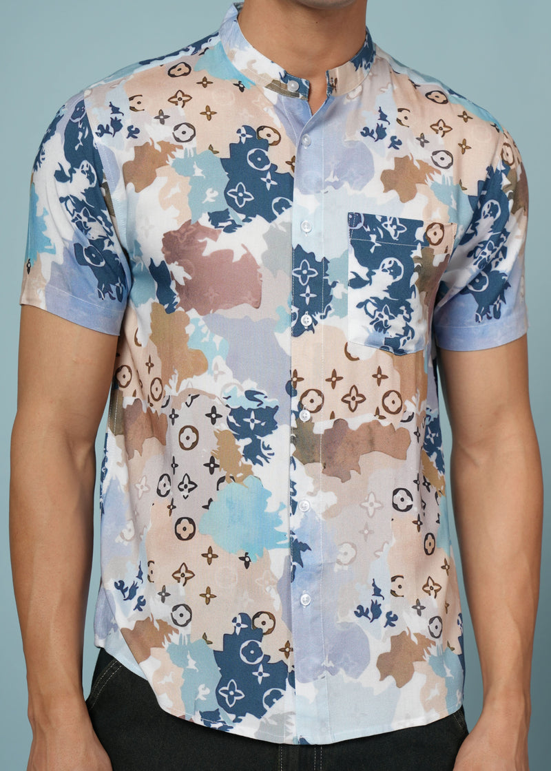 Men’s printed rayon shirt with mandarin collar by Outlaws Fashion, featuring soft fabric and stylish casual design.