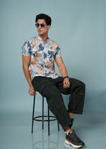 Men's printed rayon shirt with mandarin collar, soft and stylish casual wear by Outlaws Fashion, displayed on a mannequin.