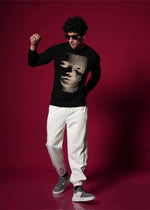 Men’s Pure Cotton Flat Knit Sweater – Abstract Face Graphic | Premium Black Winter wear