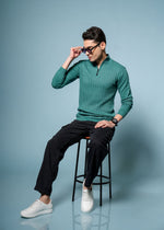 Men’s Pure Cotton Sea Green Textured Knit Sweater – Premium Comfort & Timeless Style