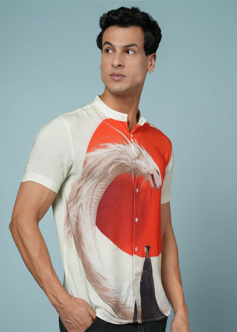 Men’s rayon shirt with samurai and dragon print from Outlaws Fashion, featuring bold artistic design and casual style.