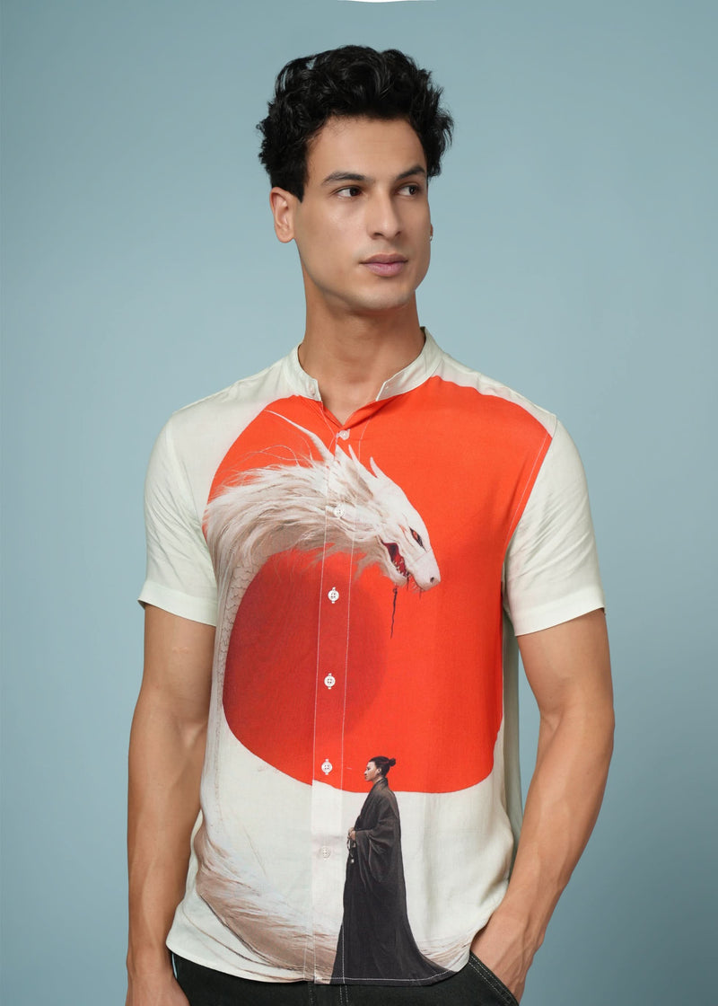 Men’s rayon shirt featuring a bold samurai and dragon print, artistic casual wear by Outlaws Fashion, displayed on a hanger.
