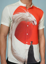 Men’s rayon casual shirt with bold samurai and dragon print, artistic design, by Outlaws Fashion.