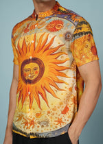 Men’s sun print rayon shirt with mandarin collar from Outlaws Fashion, featuring vibrant casual wear design and colorful pattern.