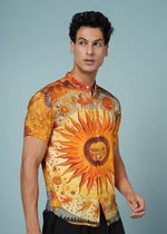 Men’s sun print rayon shirt with vibrant casual style, mandarin collar and bold sun pattern from Outlaws Fashion.