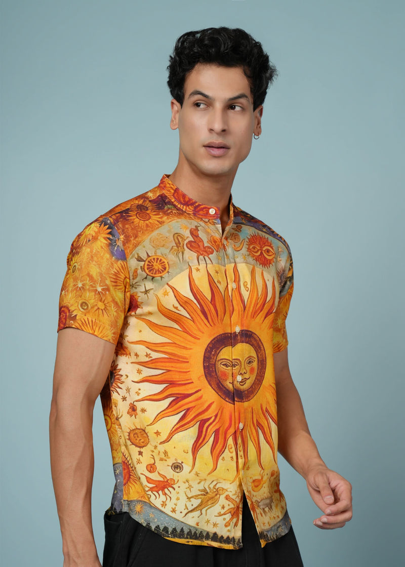 Men’s sun print rayon shirt with vibrant casual style, mandarin collar and bold sun pattern from Outlaws Fashion.